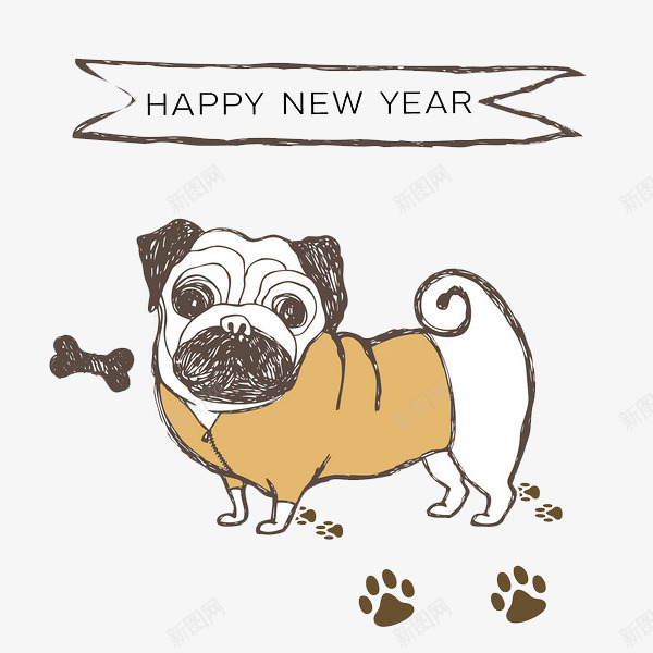 卡通贺新春的小狗图png免抠素材_新图网 https://ixintu.com 卡通 呆萌的 小狗 新年快乐 脚印 英文字 骨头