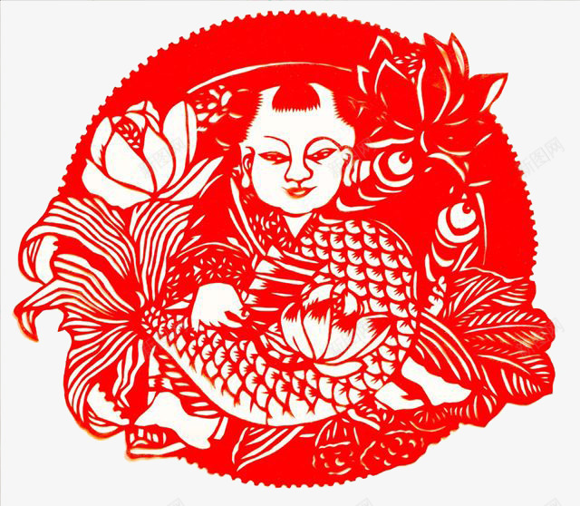 中国风福娃红鱼png免抠素材_新图网 https://ixintu.com 中国风 免抠剪纸 剪纸 福娃 红色剪纸 红鱼 荷叶 荷花