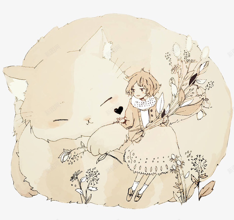 猫和少女矢量图eps免抠素材_新图网 https://ixintu.com 卡通 可爱 少女 猫 矢量图