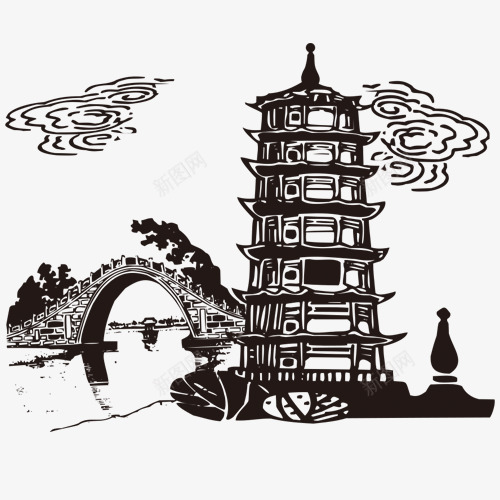 手绘塔和桥png免抠素材_新图网 https://ixintu.com 一座 剪影 卡通 手绘 桥梁 简图 高塔 黑色