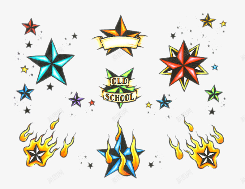 不同颜色的成群的五角星png免抠素材_新图网 https://ixintu.com 五角星 火焰 绿色 英文 蓝色 黄色