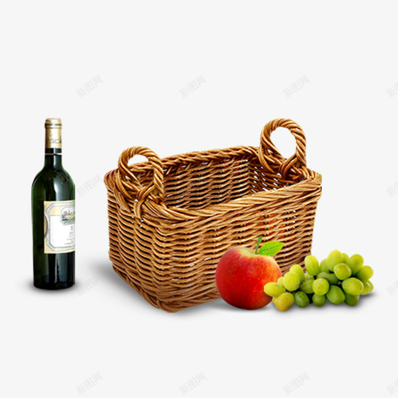 野餐篮和红酒png免抠素材_新图网 https://ixintu.com 卡通 卡通提子 红酒 苹果 葡萄 野餐篮