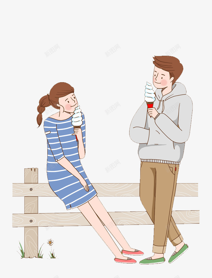 彩色情侣吃冰激凌卡通插画png免抠素材_新图网 https://ixintu.com 创意 发型 吃冰激凌 彩色 情侣 栏杆 美食 食物