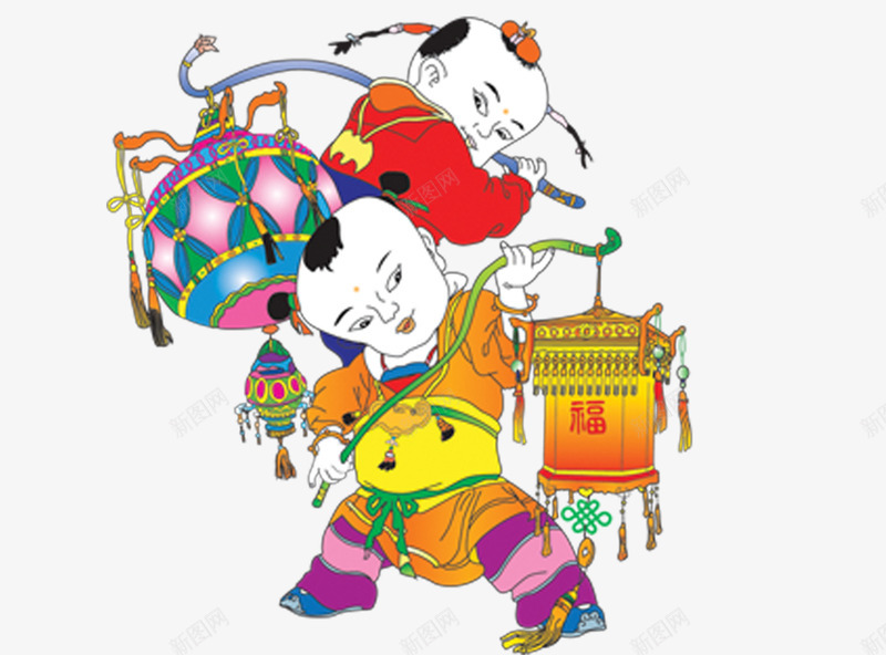 年画娃娃png免抠素材_新图网 https://ixintu.com 娃娃 年娃娃 年画 灯笼 福娃 窗贴 过年