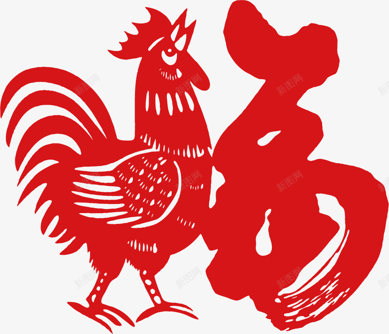 红色公鸡福字剪纸png免抠素材_新图网 https://ixintu.com 公鸡 剪纸 红色