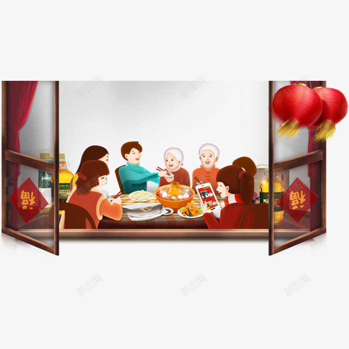 团圆饭新年png免抠素材_新图网 https://ixintu.com 中国年 卡通 喜庆 年夜饭