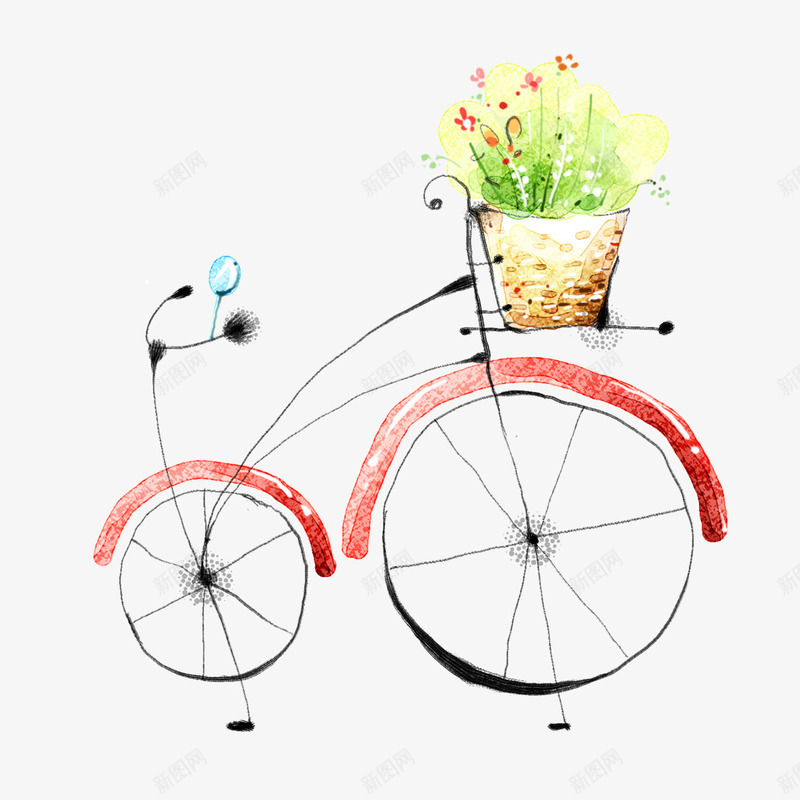 自行车手绘png免抠素材_新图网 https://ixintu.com 手绘 植物 自行车 花草 车