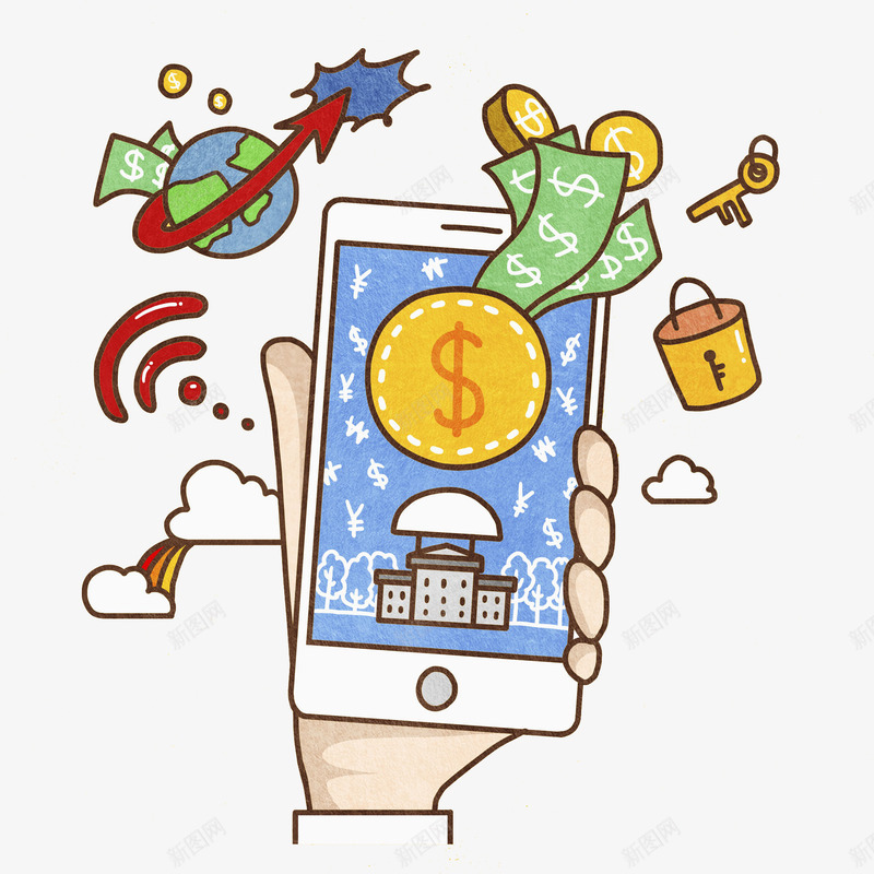 消费的手机png免抠素材_新图网 https://ixintu.com 信号 创意的 卡通 手机 手臂 网络 网购 金钱