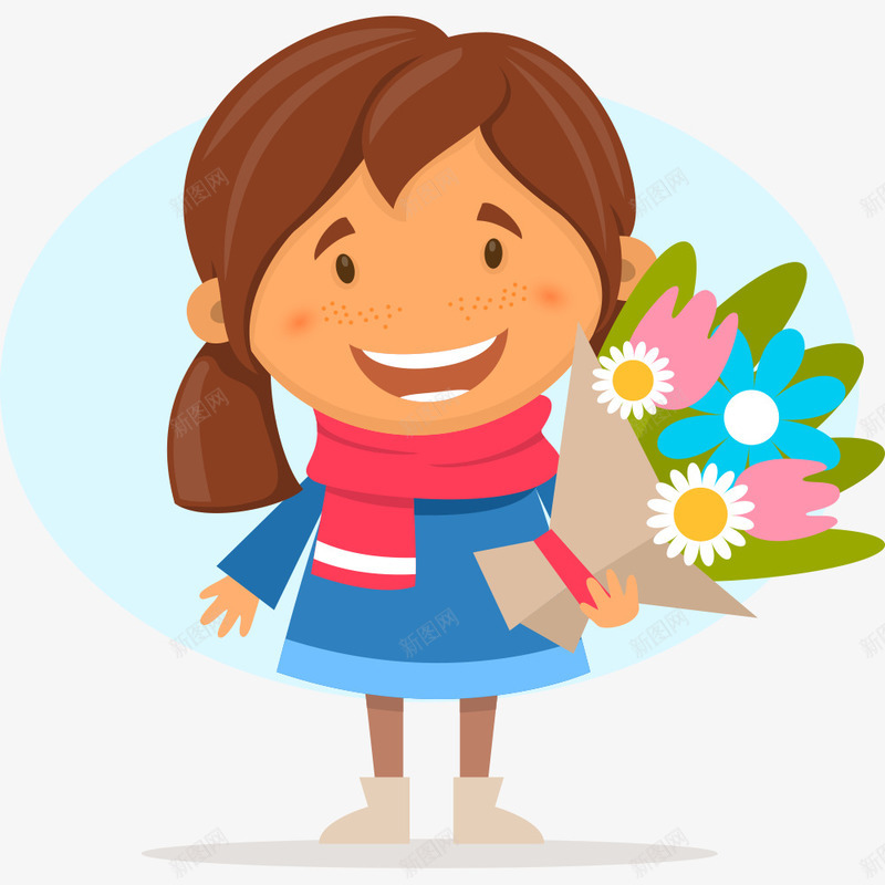 卡通拿花束的女孩矢量图eps免抠素材_新图网 https://ixintu.com 人物 冬季 女孩 孩子 笑脸 花束 雀斑 矢量图