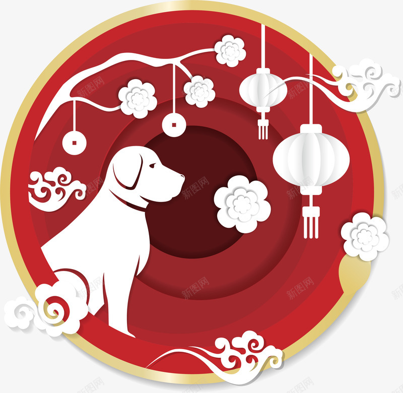 春节白色小狗剪纸png免抠素材_新图网 https://ixintu.com 中国风 小狗剪纸 新春剪纸 春节剪纸 白色小狗 白色灯笼
