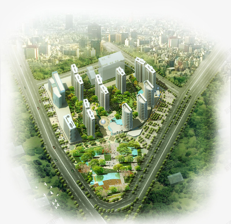 唯美的绿色现代城市png免抠素材_新图网 https://ixintu.com 两条路 公路 唯美 城市 小区 小区鸟瞰图 建筑 智慧社区 树木 楼房 绿色 高楼 鸟瞰图