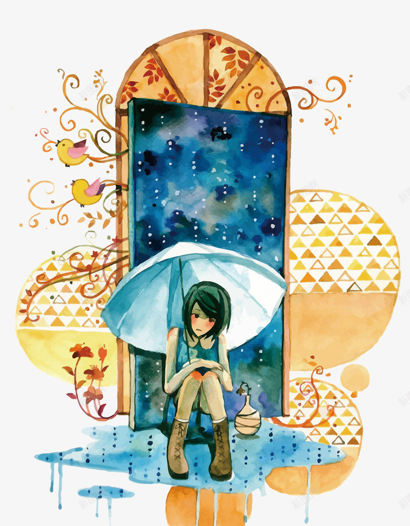 撑伞坐门边的少女png免抠素材_新图网 https://ixintu.com PNG PNG图片 PNG图片素材 PNG素材 PNG素材免费 PNG素材免费下载 大门 少女 手绘 星空 雨伞