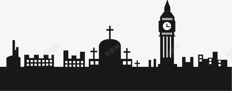 简约黑色都市png免抠素材_新图网 https://ixintu.com 免抠PNG 十字架 建筑 时钟 简约 都市 黑色