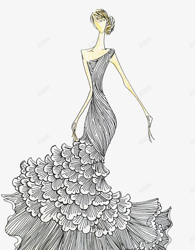 手绘美女长尾裙png免抠素材_新图网 https://ixintu.com 性感美女 手绘画 浪花裙 长尾裙