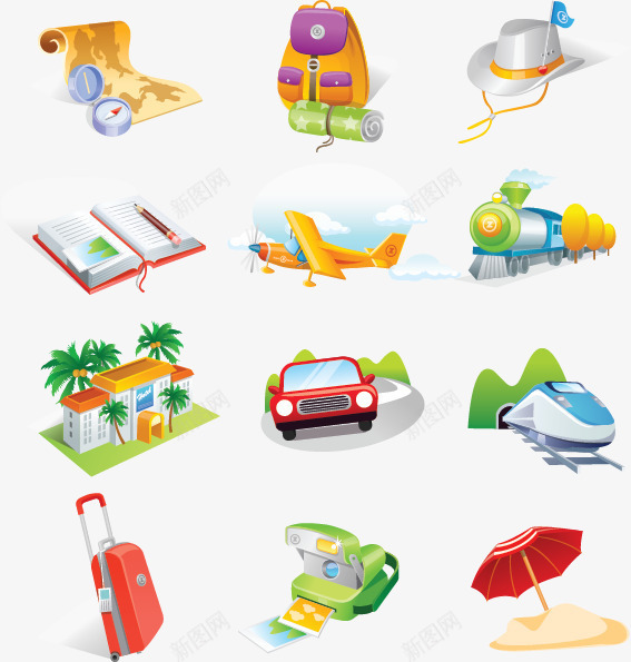 休闲图标png_新图网 https://ixintu.com 图标旅游休闲用品外出工具旅馆汽车飞机旅行箱笔记本背包帽子火车动车
