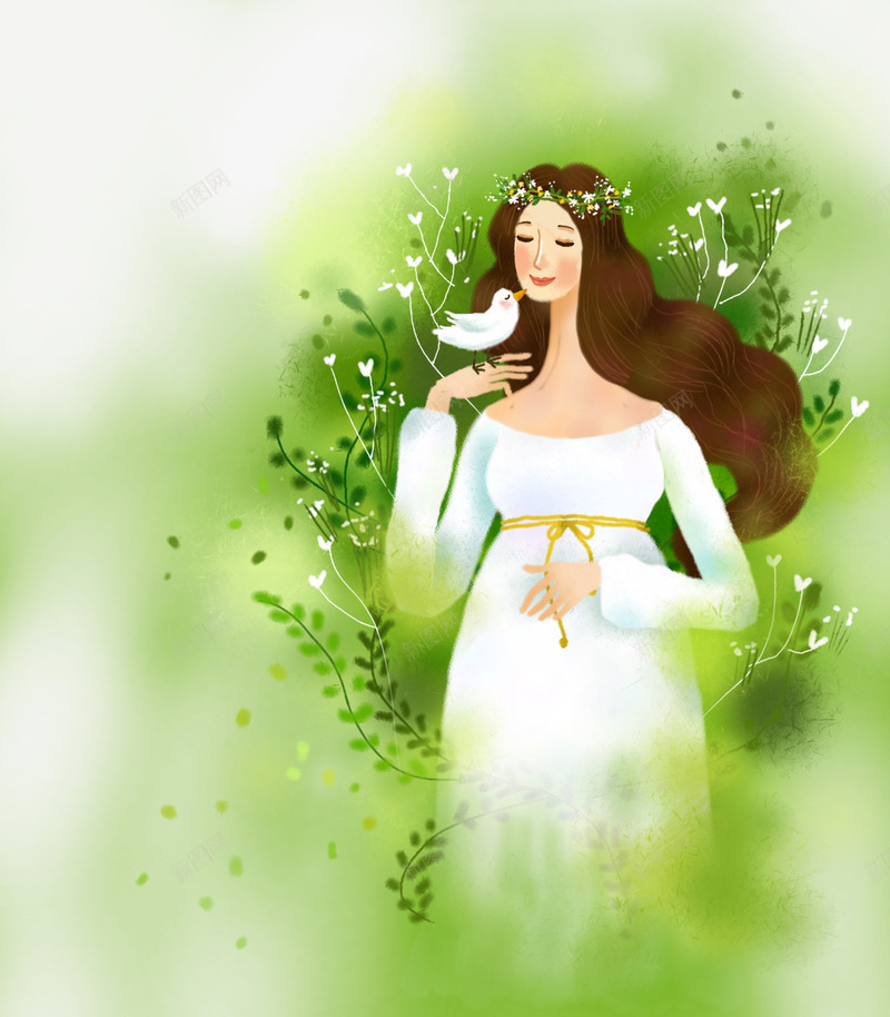 卡通人物画像psd免抠素材_新图网 https://ixintu.com 卡通画 春季 温暖 白鸽 绿色植物 绿色背景