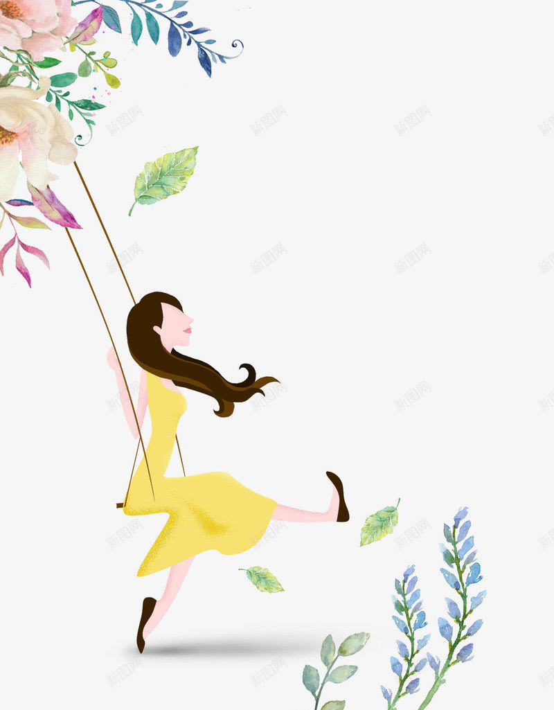 卡通春季荡秋千的女孩png免抠素材_新图网 https://ixintu.com 卡通 春季 树叶 花朵 荡秋千的女孩 黄色的裙子
