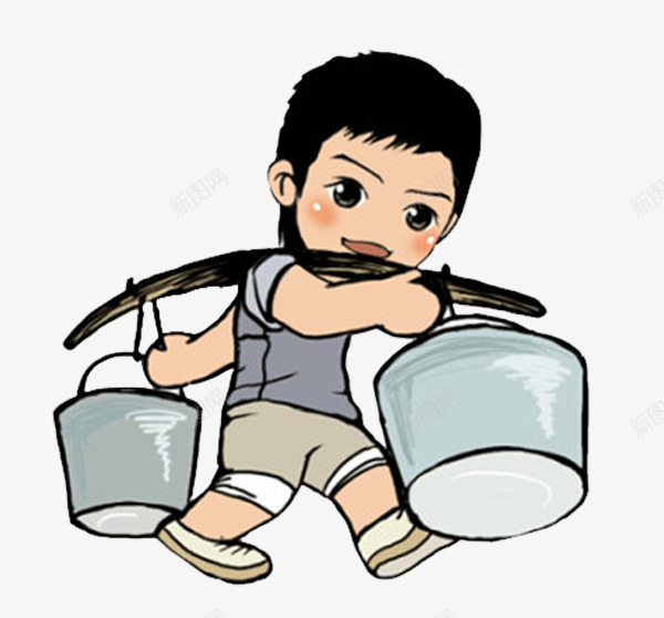 卡通挑水小男孩png免抠素材_新图网 https://ixintu.com 体力活 劳动力 卡通 打水 担水 挑水 挑水小男孩 重担