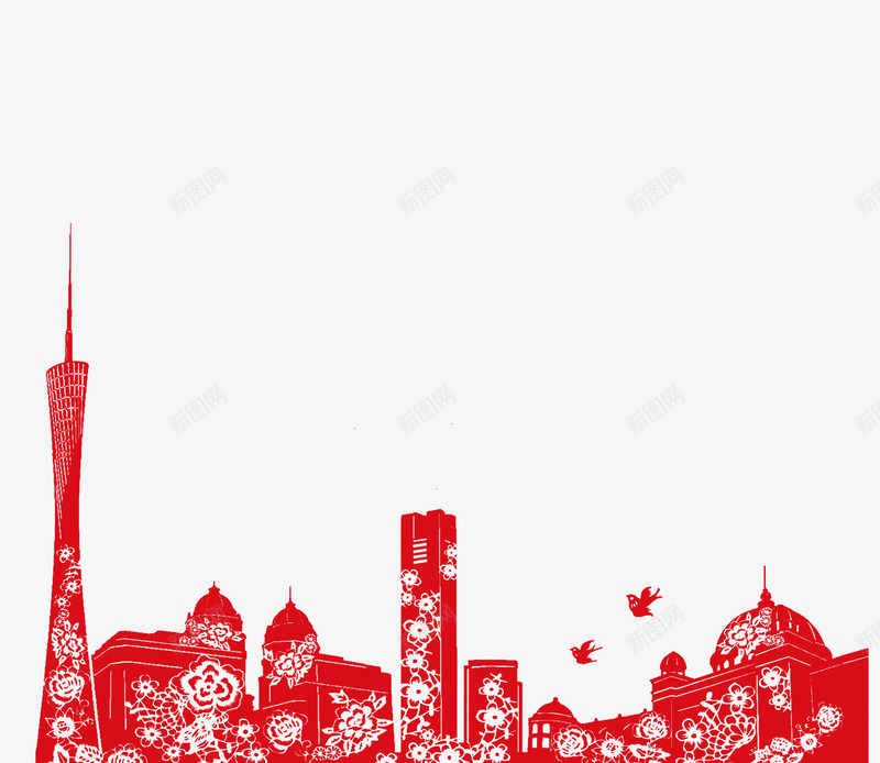红色剪纸城市建筑png免抠素材_新图网 https://ixintu.com 中国风 红色剪纸城市建筑