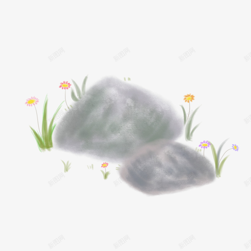 石头花草点缀水墨清新psd免抠素材_新图网 https://ixintu.com 古风 水墨 清新 石头 花草