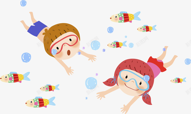 游泳的孩子png免抠素材_新图网 https://ixintu.com 孩子儿童 小鱼 游泳 潜水 眼罩 蓝色泡泡 装饰