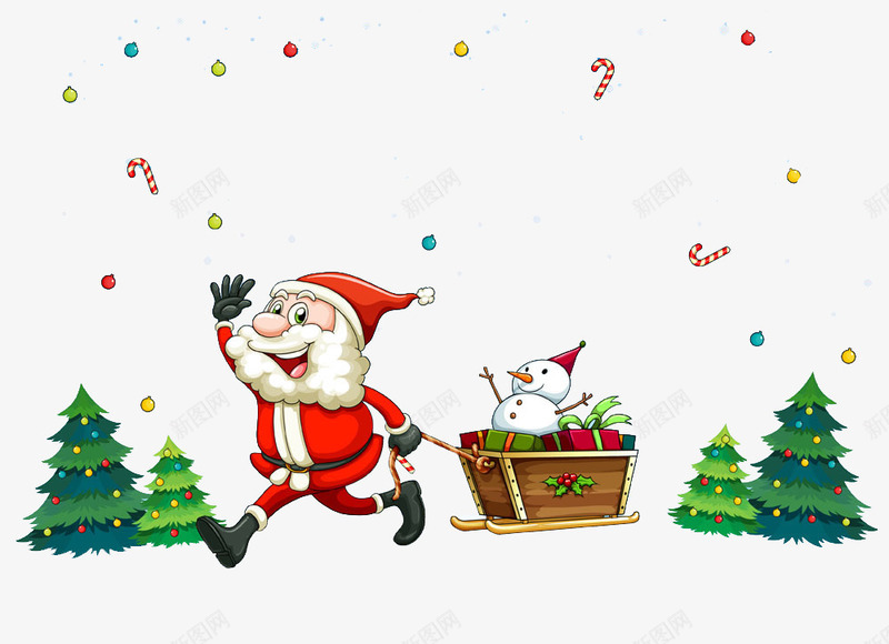 拉雪橇的圣诞老人png免抠素材_新图网 https://ixintu.com 圣诞老人 拉雪橇 树 雪人