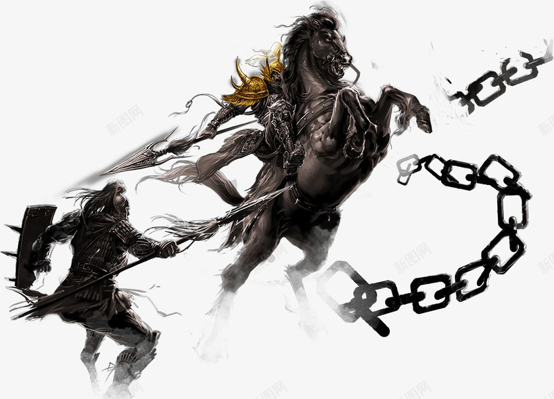 墨迹战马战士锁链png免抠素材_新图网 https://ixintu.com 墨迹 战士 战马 锁链