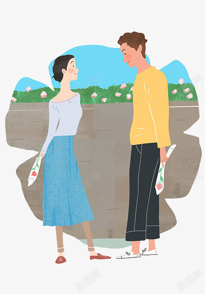 有默契的情侣png免抠素材_新图网 https://ixintu.com 卡通人物送花 卡通手绘 害羞 情侣 花束 装饰