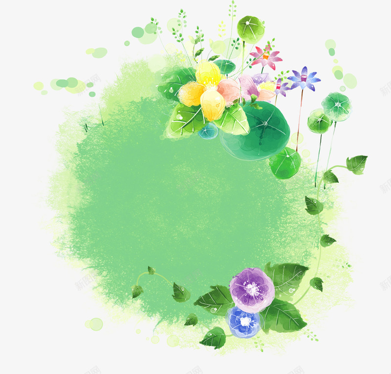 卡通圆形绿色花草背景png免抠素材_新图网 https://ixintu.com 卡通 绿色 花草背景