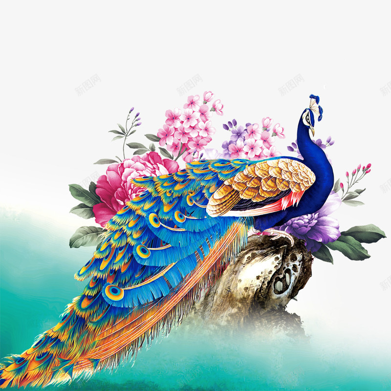 彩色孔雀psd免抠素材_新图网 https://ixintu.com 孔雀 彩色孔雀 牡丹花
