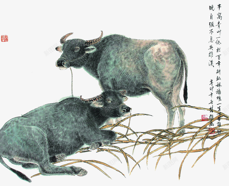 水墨画水牛png免抠素材_新图网 https://ixintu.com 中国画 动物画 国画牛 水牛 美术 草料