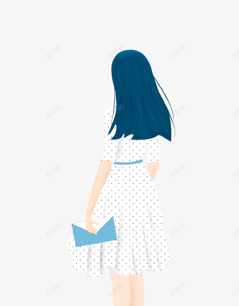 拿着信封的少女插画psd免抠素材_新图网 https://ixintu.com 信封 唯美 少女 插画 白色长裙 背影 长发