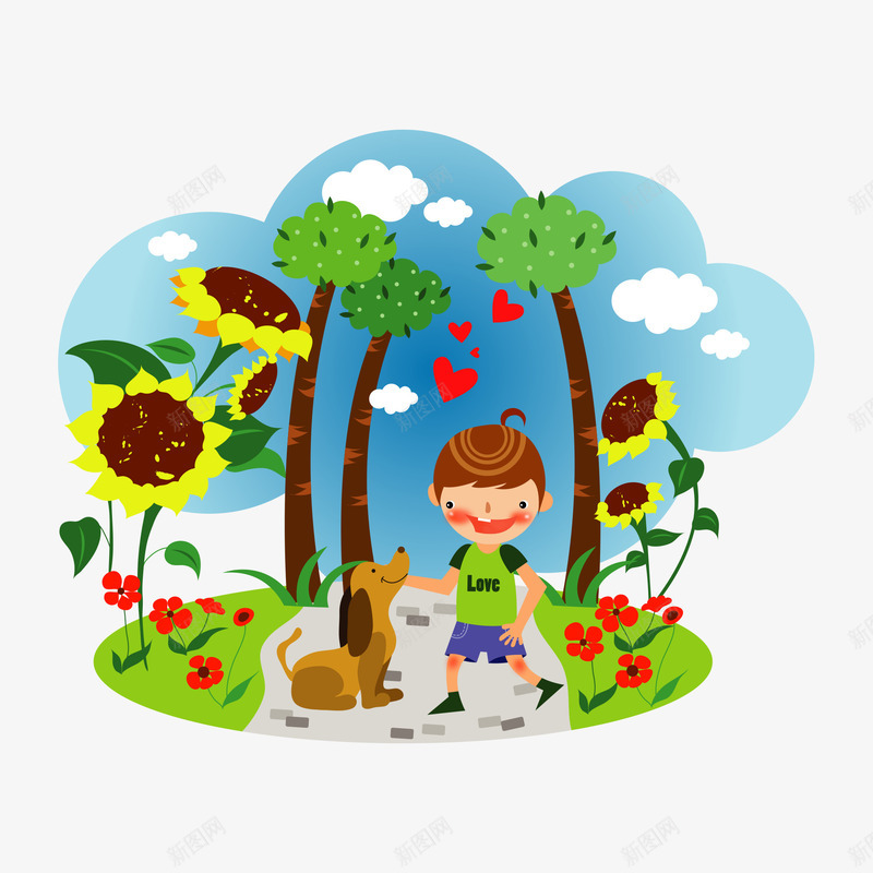 儿童插画png免抠素材_新图网 https://ixintu.com 小狗 开心 春游 男孩