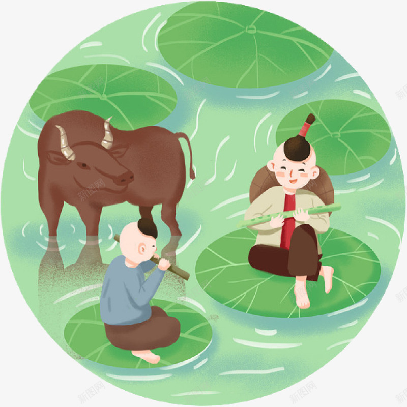 两个牧童吹笛png免抠素材_新图网 https://ixintu.com 手绘 标签 牧童 荷叶