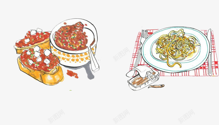 卡通意面与肉末png免抠素材_新图网 https://ixintu.com 勺子 卡通 意面 插画 桌布 盘子 绘画 肉末 肉末卷