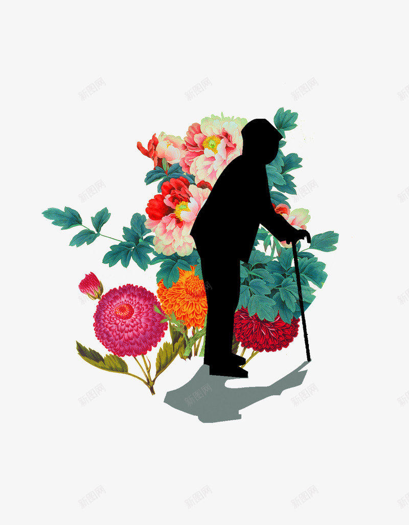 老人剪影psd免抠素材_新图网 https://ixintu.com 中国 佝偻老人 剪影 卡通花卉 彩色花卉 牡丹花 老人 花卉 重阳节