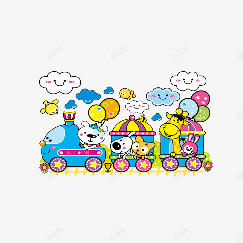 开火车的小动物png免抠素材_新图网 https://ixintu.com 云 动物园 小狗 气球 火车