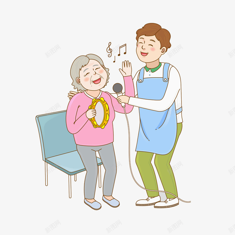 陪老人唱歌的男人png免抠素材_新图网 https://ixintu.com 唱歌 插图 摇铃 椅子 欢快的 男人 话筒 高兴地