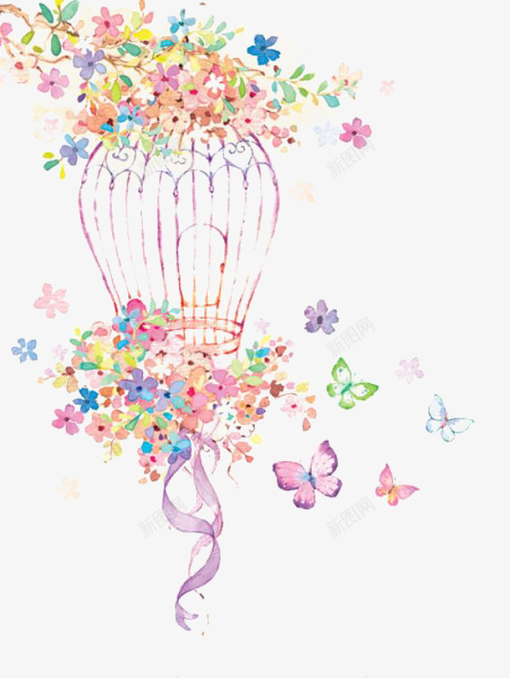 文艺鸟笼png免抠素材_新图网 https://ixintu.com 卡通 手绘 插画 梦幻 童话 笼子 花朵