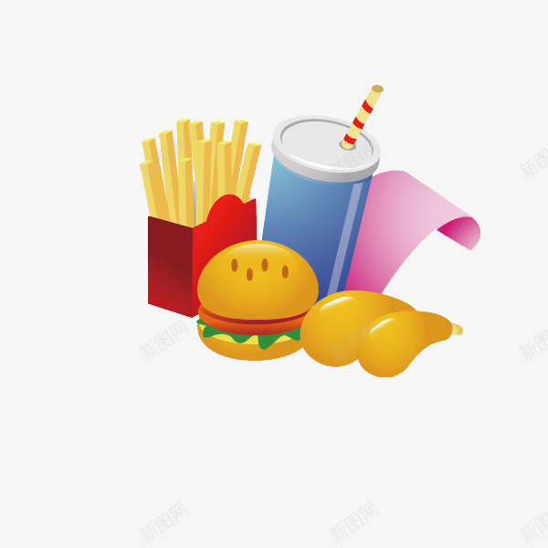 卡通快餐零食食品png免抠素材_新图网 https://ixintu.com 卡通素材 卡通食品海报素材 可乐 汉堡 美味 菜单素材图片 薯条 装饰图案 鸡翅 鸡腿