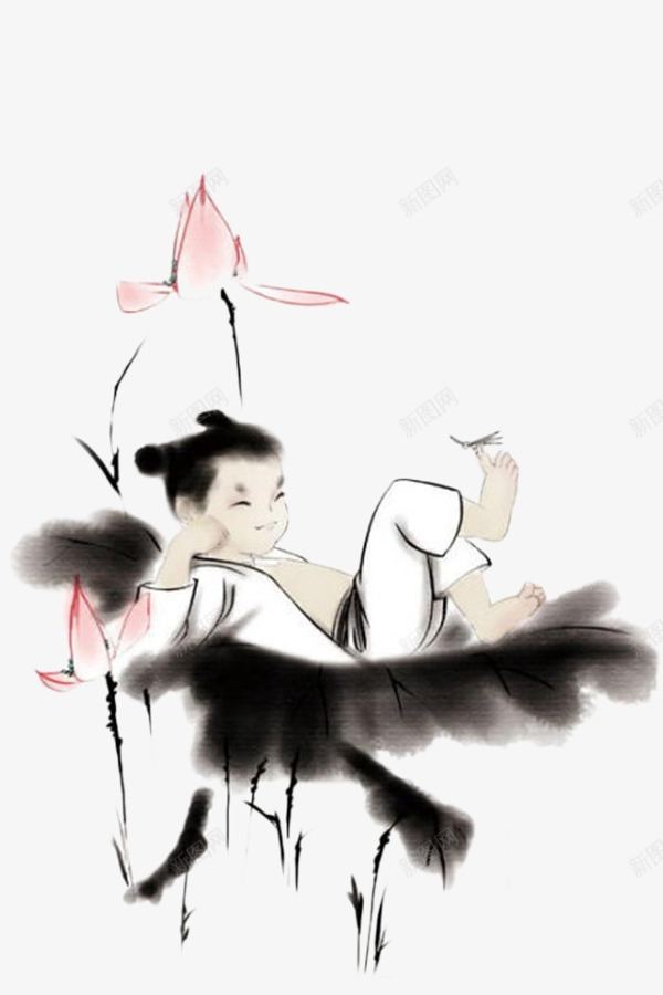 童趣水墨儿童莲花中国风png免抠素材_新图网 https://ixintu.com 中国风 儿童 水墨 童趣 莲花