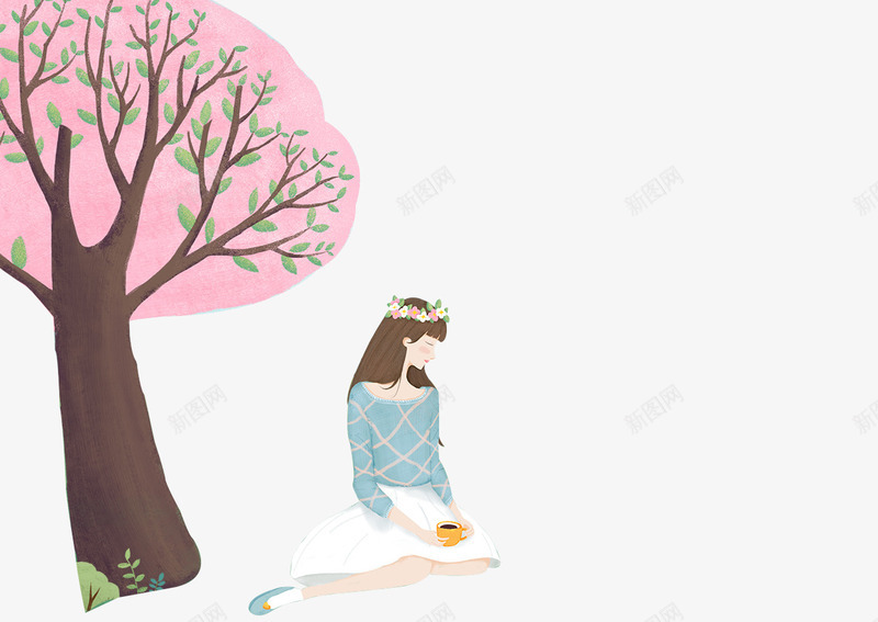 手绘创意大树少女插画psd免抠素材_新图网 https://ixintu.com 创意设计 大树 少女 手绘 插画 海报