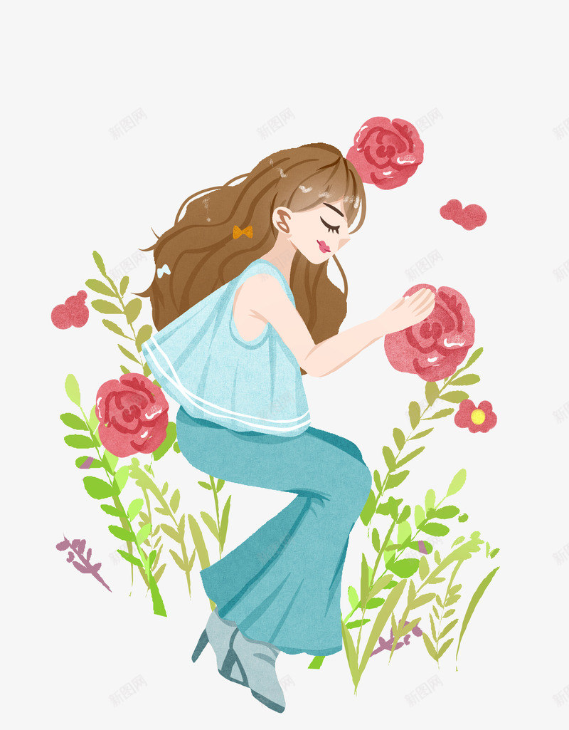 女孩手绘花朵玫瑰png免抠素材_新图网 https://ixintu.com 卡通插画 手绘春分插画 漂亮的女孩 粉色的鲜花 绿色的叶子 躺着的女孩