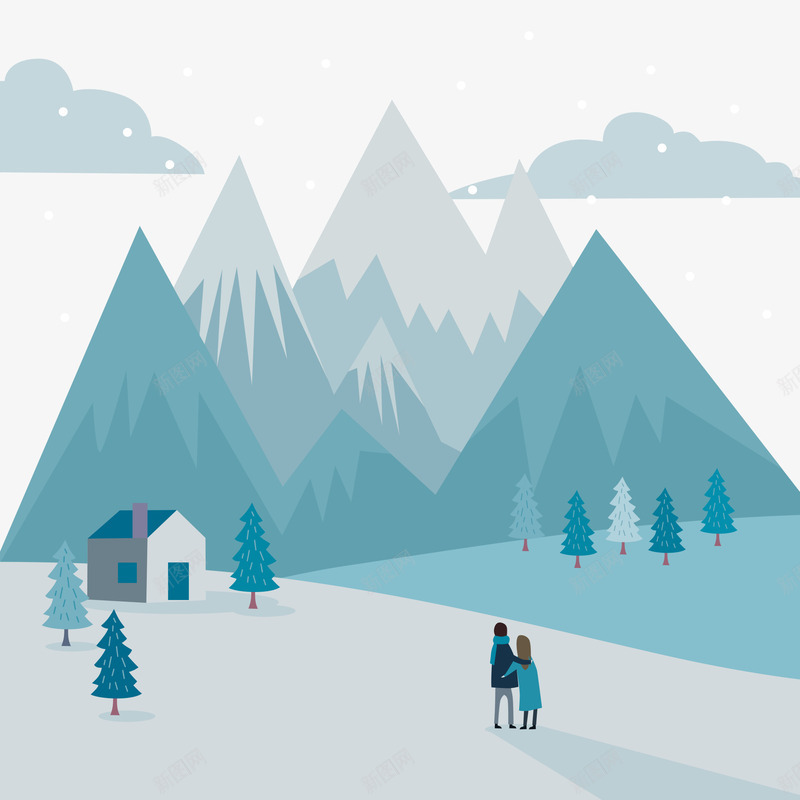 雪景插画矢量图ai免抠素材_新图网 https://ixintu.com 情侣 蓝色 远山 矢量图
