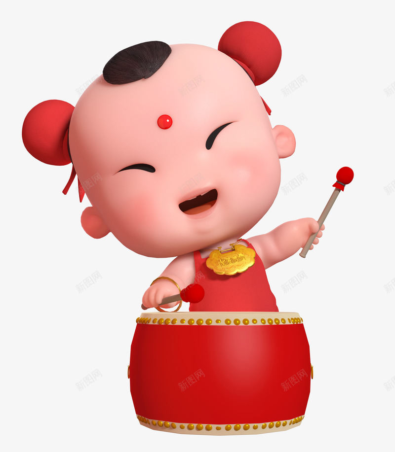 招财童子三维春节敲鼓png免抠素材_新图网 https://ixintu.com 中国风 喜庆 招财童子 春节