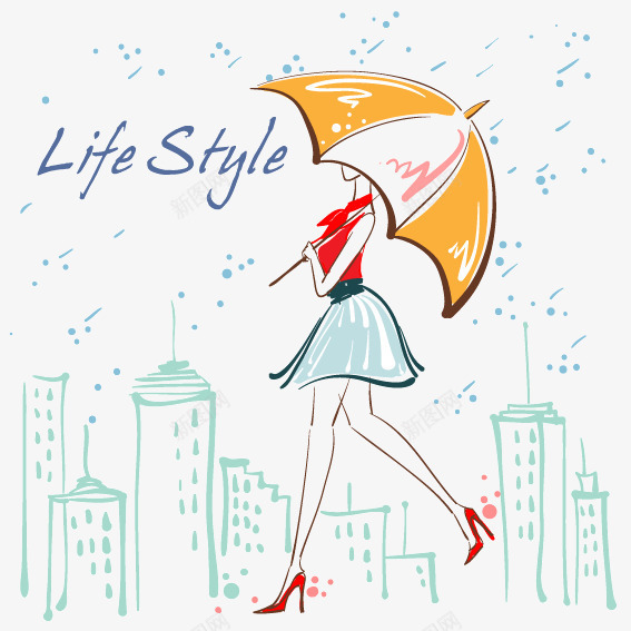 雨中少女插画矢量图ai免抠素材_新图网 https://ixintu.com 雨伞手绘插画女子建筑城市雨滴 矢量图