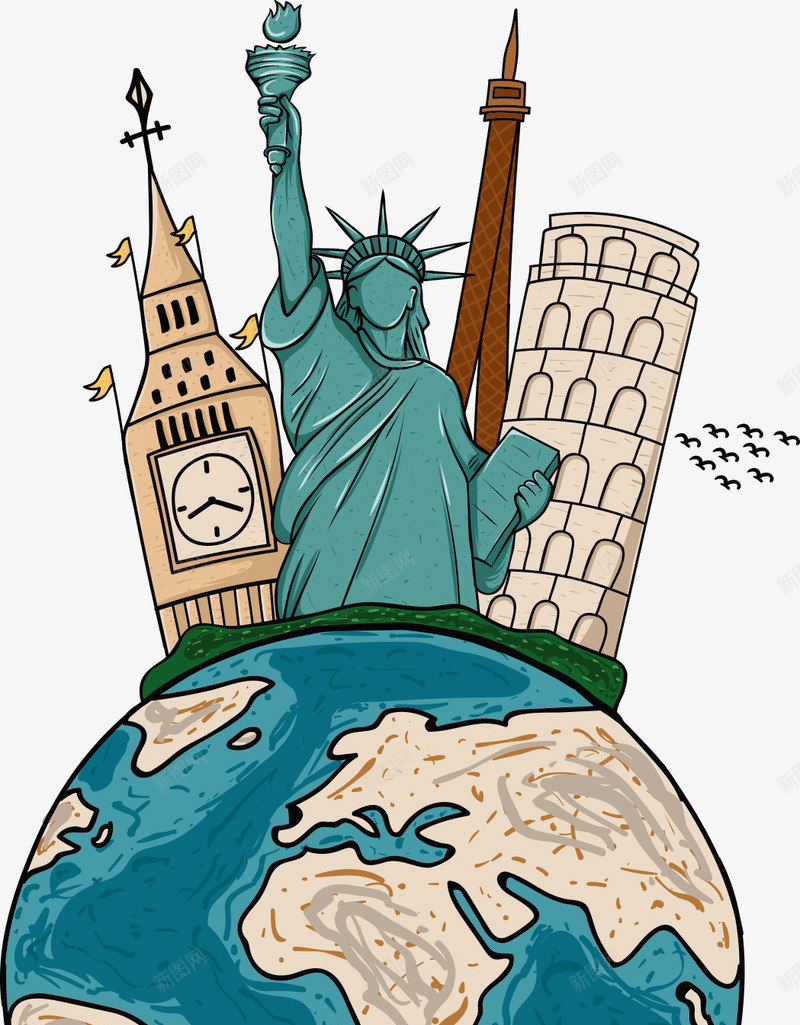 手绘地球上的著名建筑矢量图eps免抠素材_新图网 https://ixintu.com 地球 手绘地球 矢量地球 自由女神 著名建筑 矢量图
