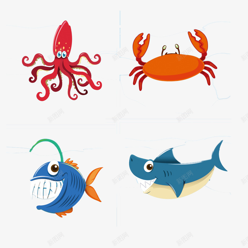 海洋生物png免抠素材_新图网 https://ixintu.com 卡通 海洋生物 海蟹 章鱼 鱼 鲨鱼