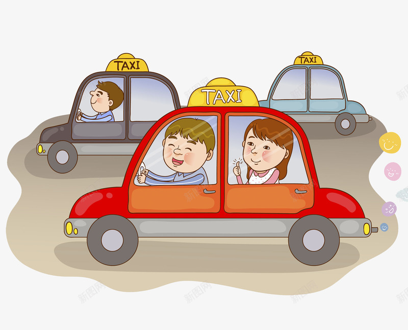 高兴地司机png免抠素材_新图网 https://ixintu.com 乘客 出租车 卡通 场景 女人 插图 马路 高兴地