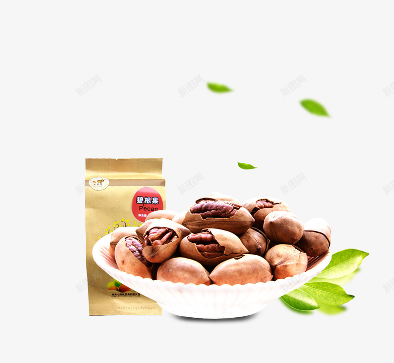 一碗碧根果png免抠素材_新图网 https://ixintu.com 养生 包装 坚果 小吃 干货 绿叶 美味 营养丰富 零食